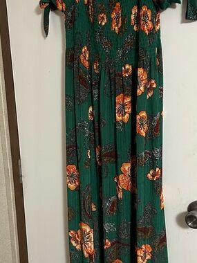 Green Floral Maxi Dress with Orange Bloom Print